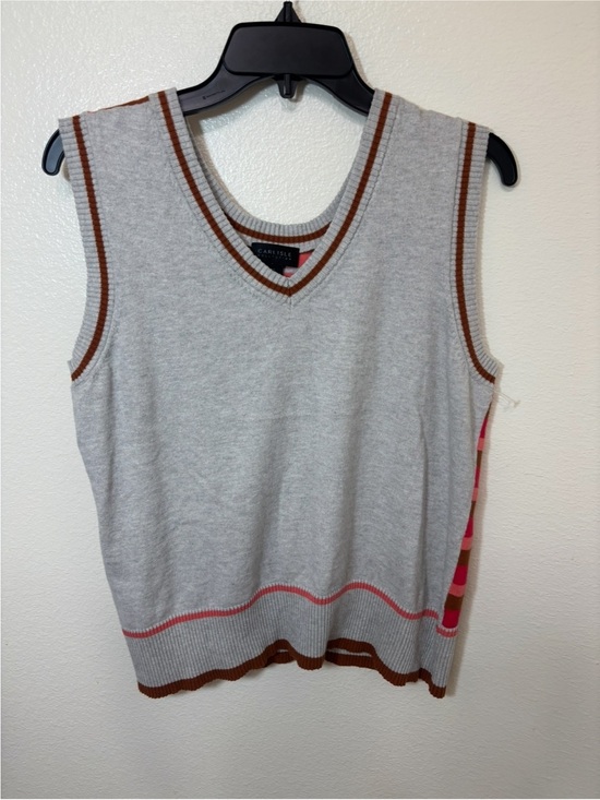 Carlisle Tops - Carlisle Gray Knit cotton V-Neck Tank with Pink & Brown Trim